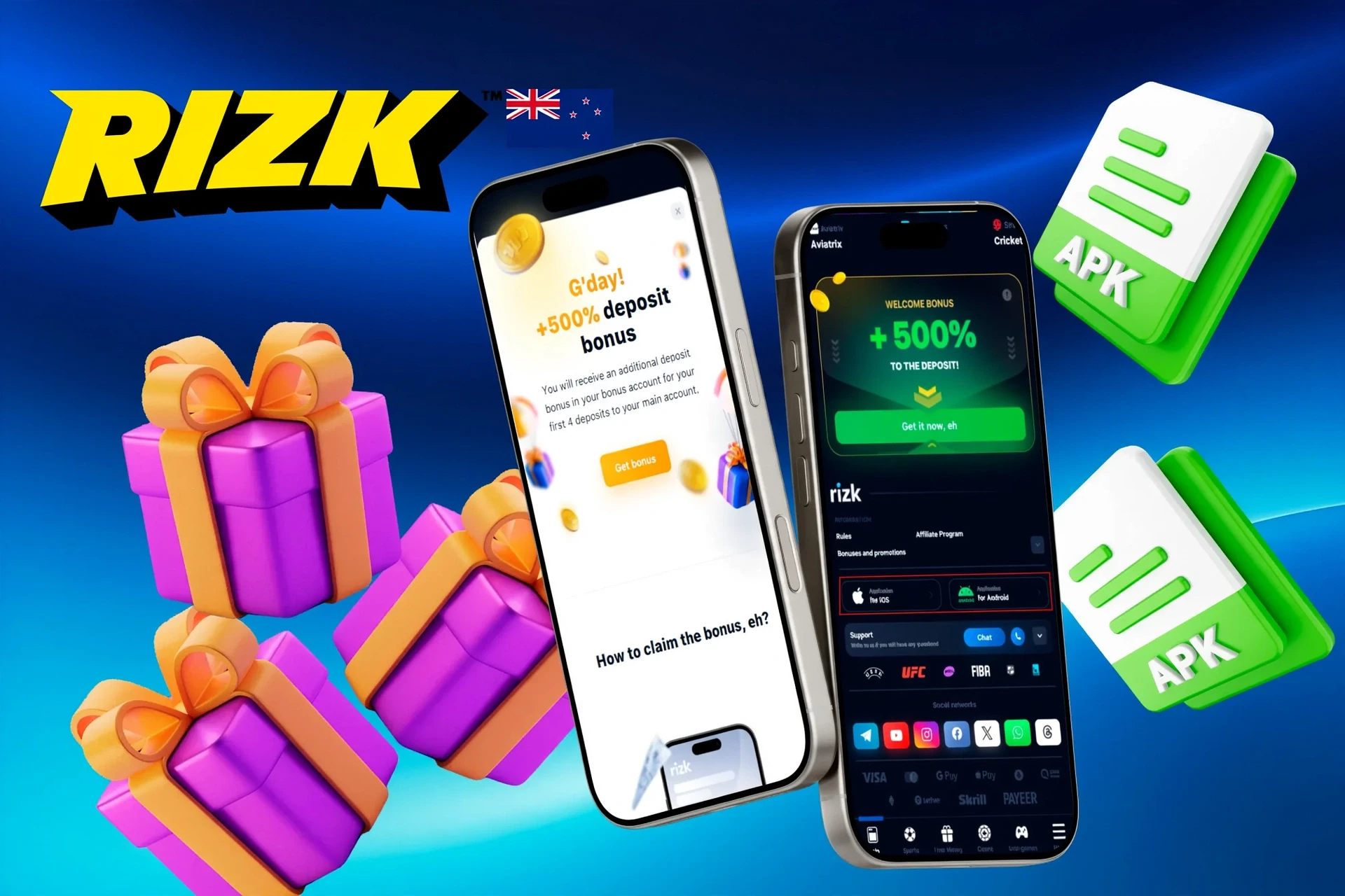 Rizk mobile promotion with 100% up to NZ$1,200 welcome bonus and gift box illustration
