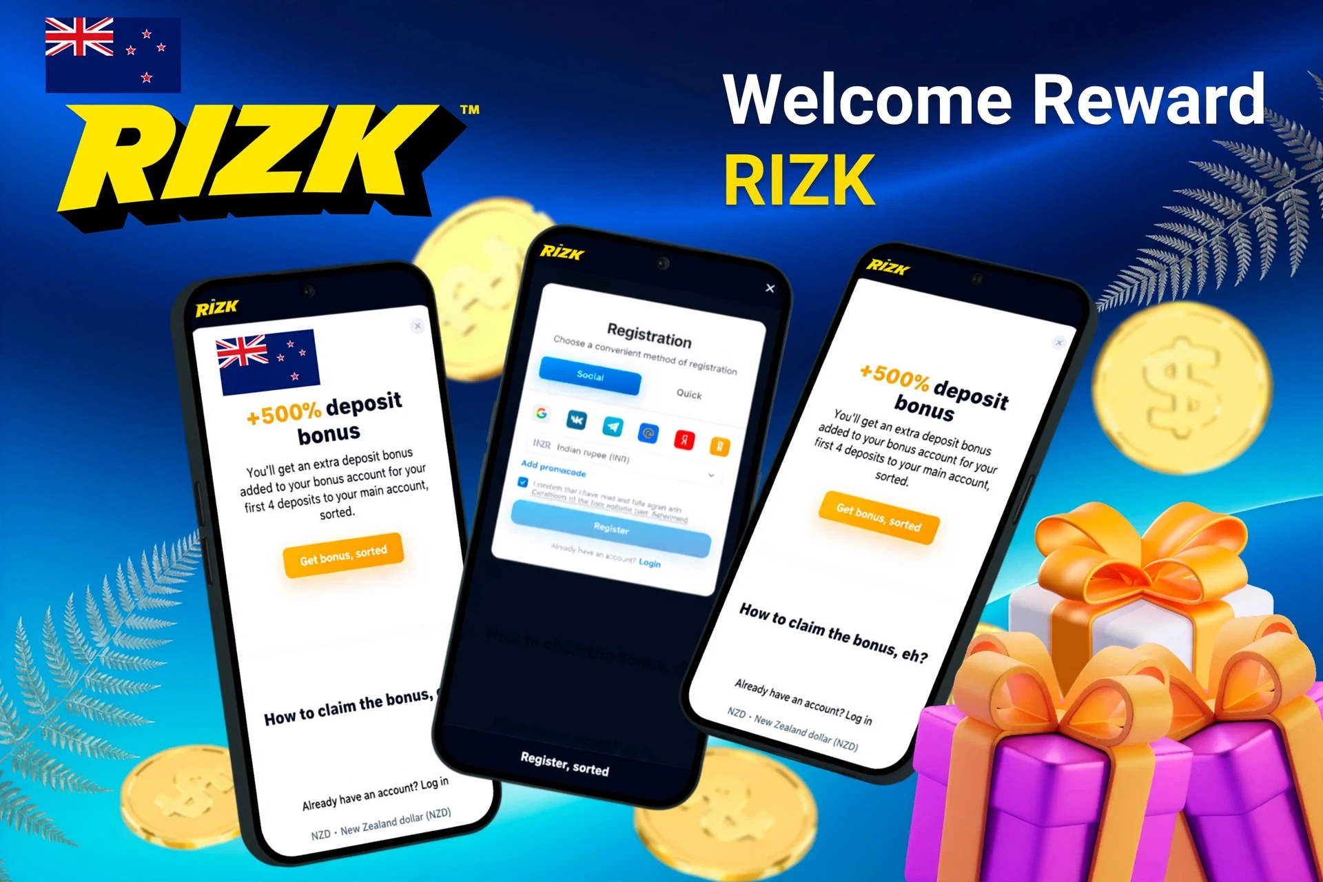 Mobile screens displaying Rizk registration and 100% up to NZ$1,200 welcome bonus with gift boxes
