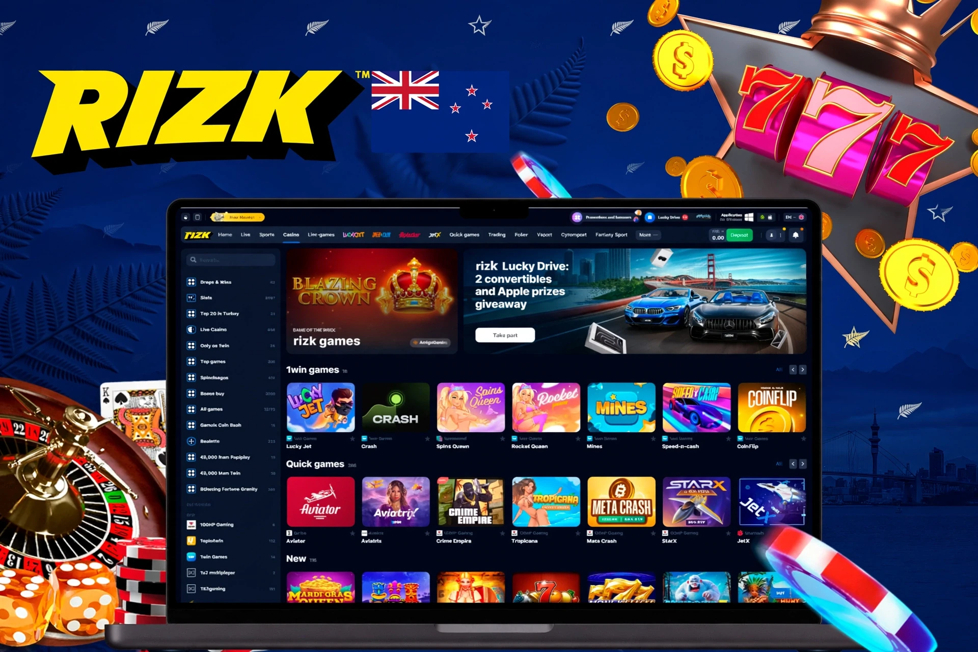 Casino homepage with various slot and crash games, including Lucky Jet and Blazing Crown