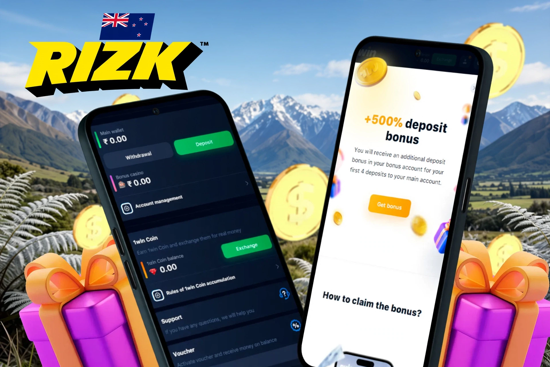 deposit and withdrawal screen showing wallet balance, account management options, and a welcome bonus offer of 100% up to NZ$1,200 plus 200 free spins and 1 free spin on the Wheel of Rizk