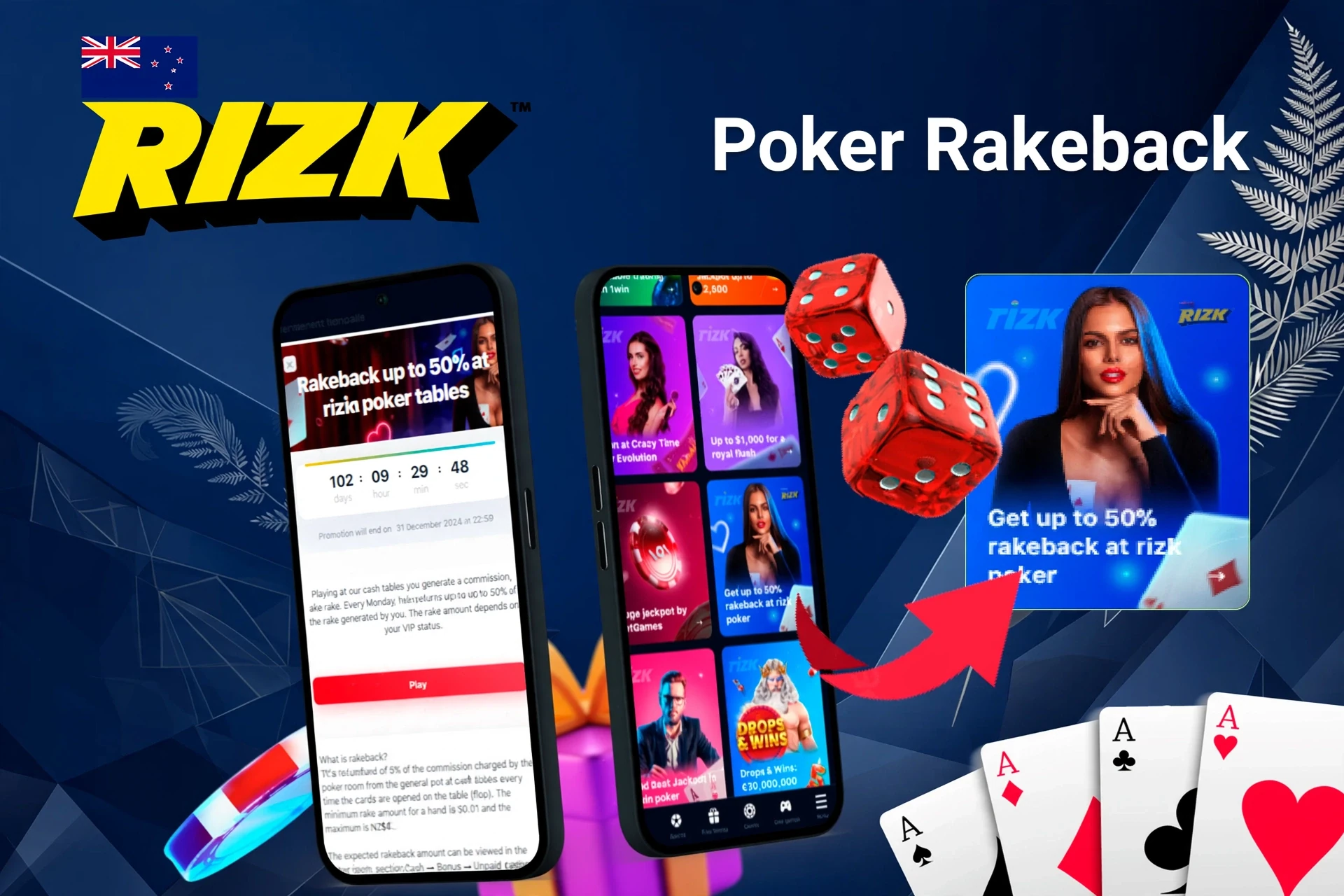 Mobile app with Rizk poker rakeback offer up to 50%, red dice, and playing cards