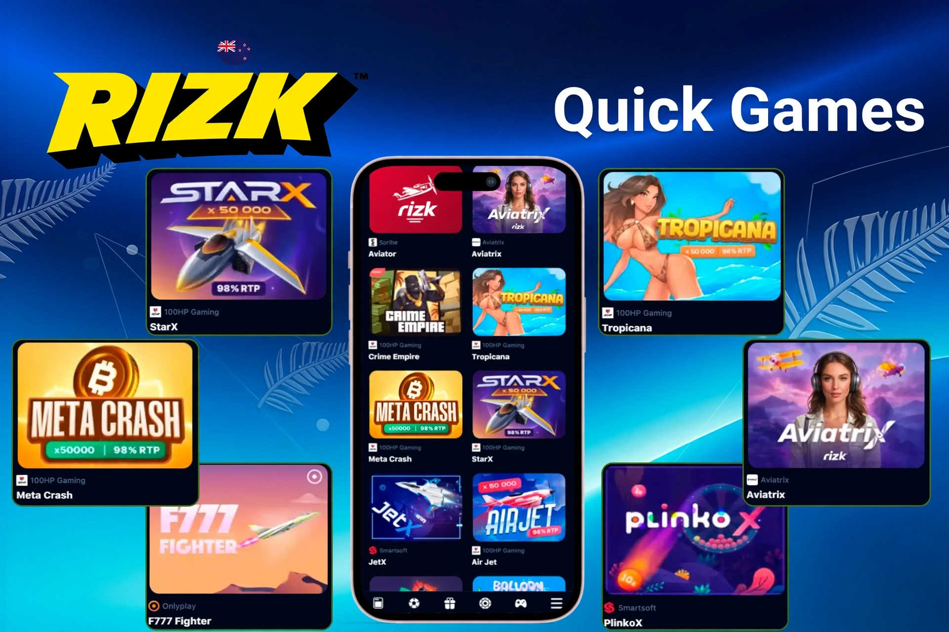 Quick games section highlighting titles like StarX, Tropicana, Meta Crash, and PlinkoX on a mobile screen