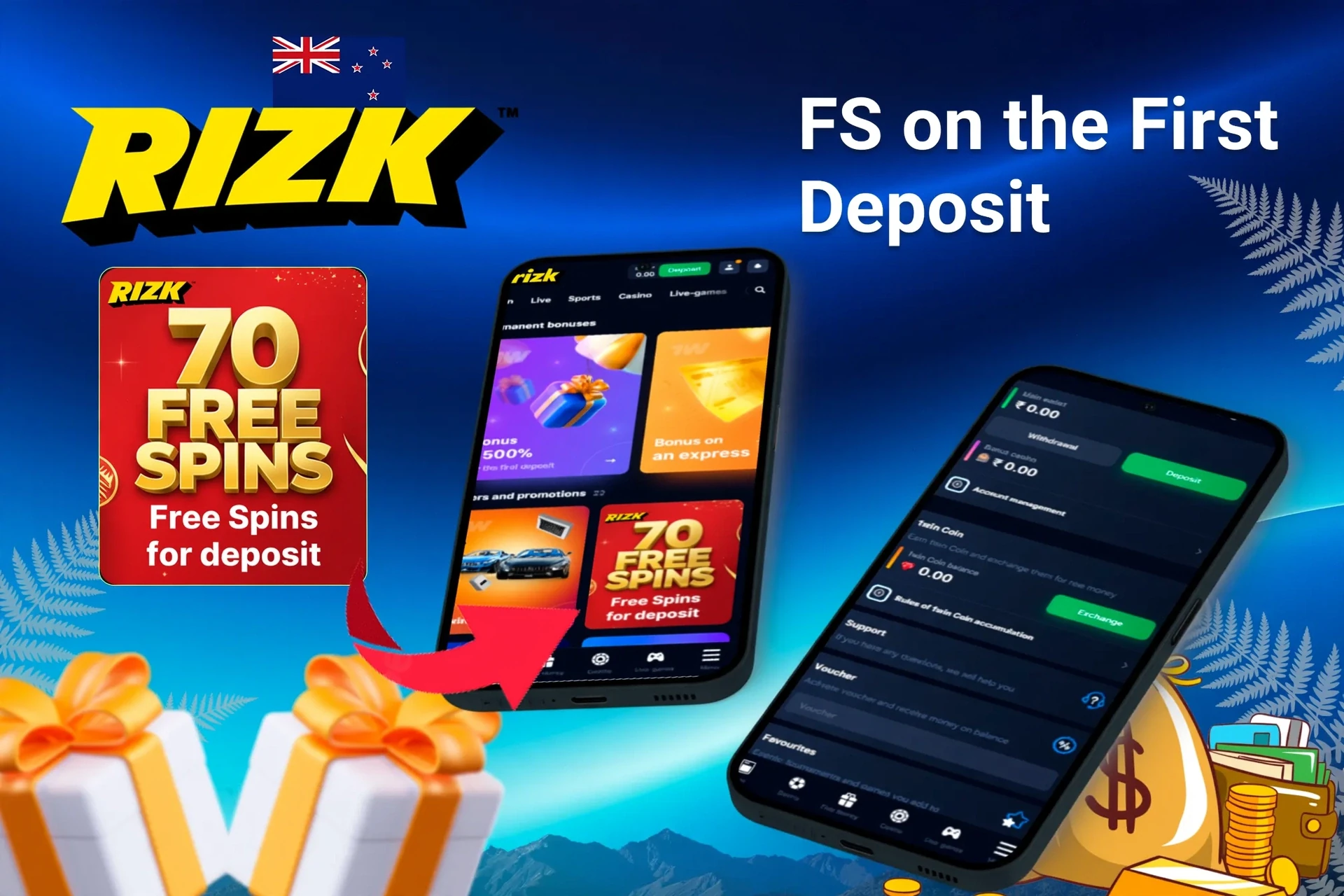 Mobile app showing casino game offers like loyalty program and free spins with poker chips and cards