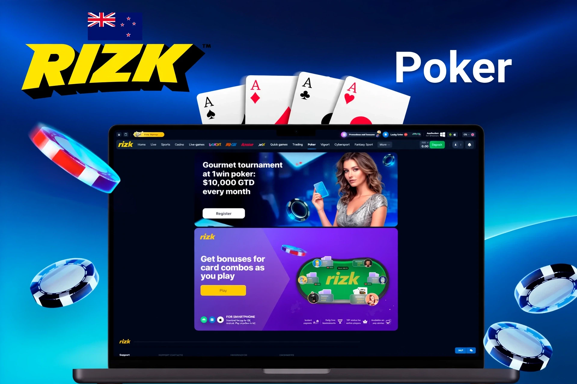 Rizk poker promotion featuring a gourmet tournament with NZ$10,000 guaranteed prize and bonuses for card combos