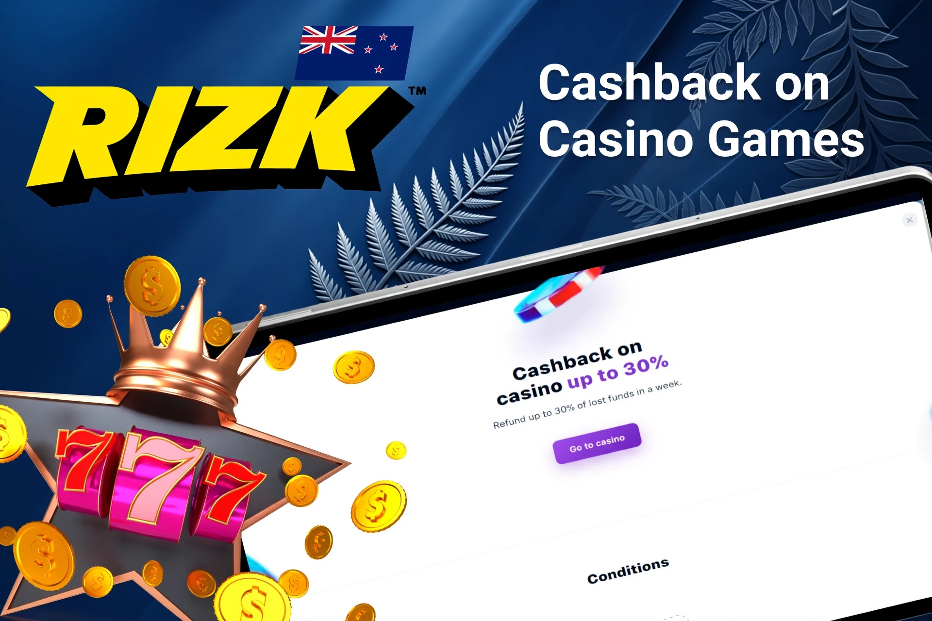 Mobile app with Rizk poker rakeback offer up to 50%, red dice, and playing cards