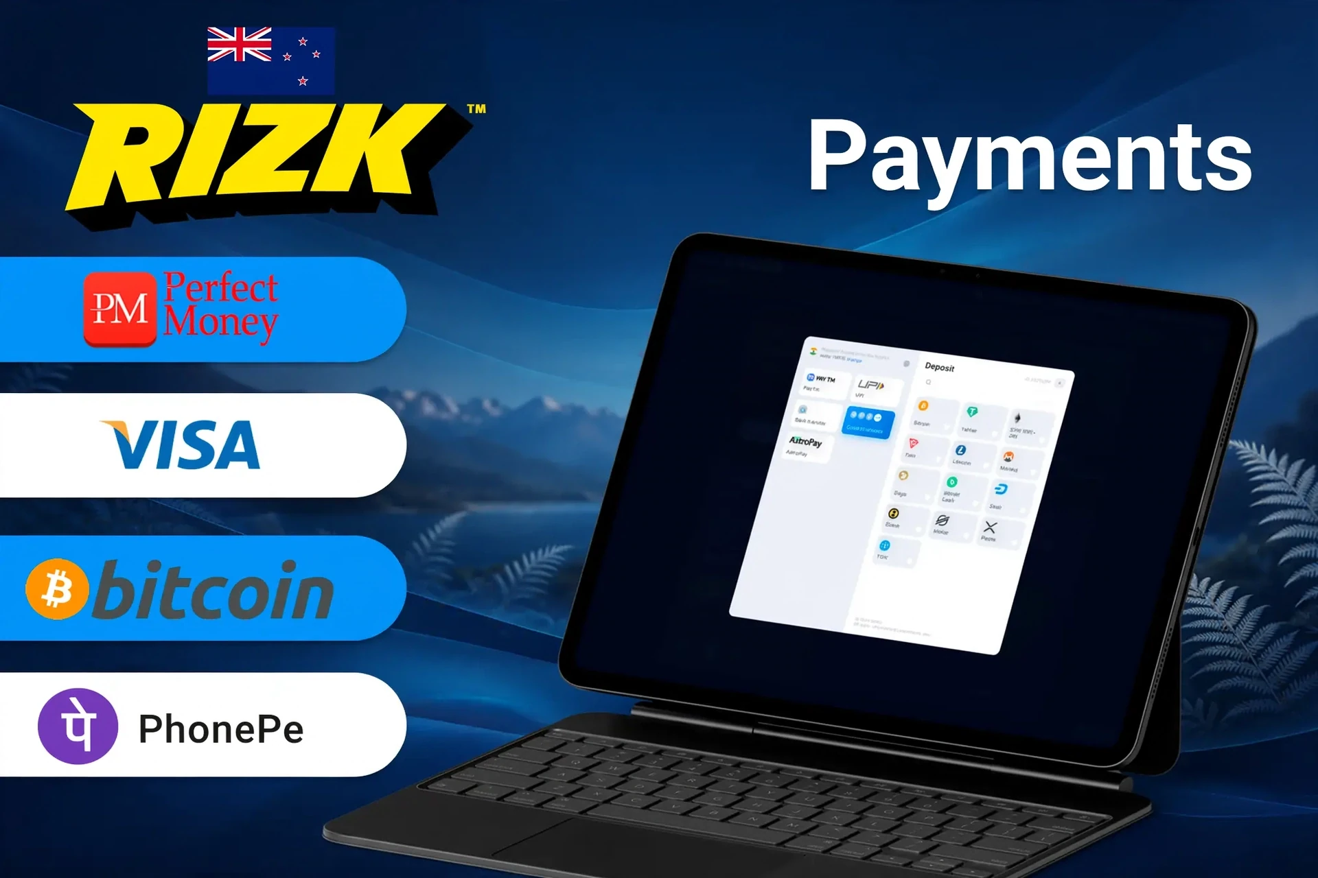 Rizk payment methods including Perfect Money, Visa, Bitcoin, and POLi for quick and secure transactions