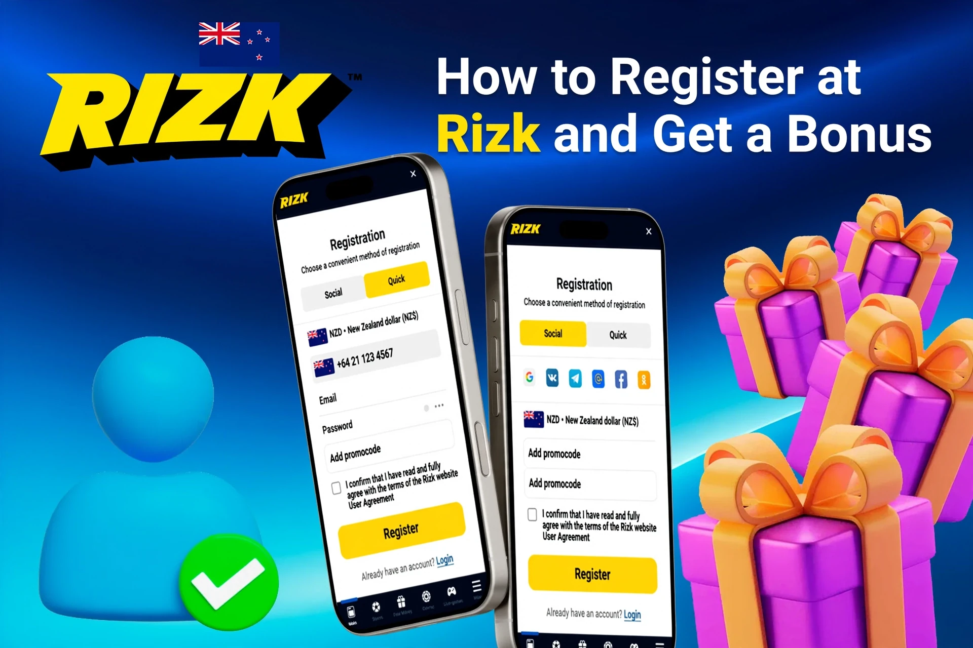 Mobile registration page for Rizk showing bonus offers with purple and gold gift boxes