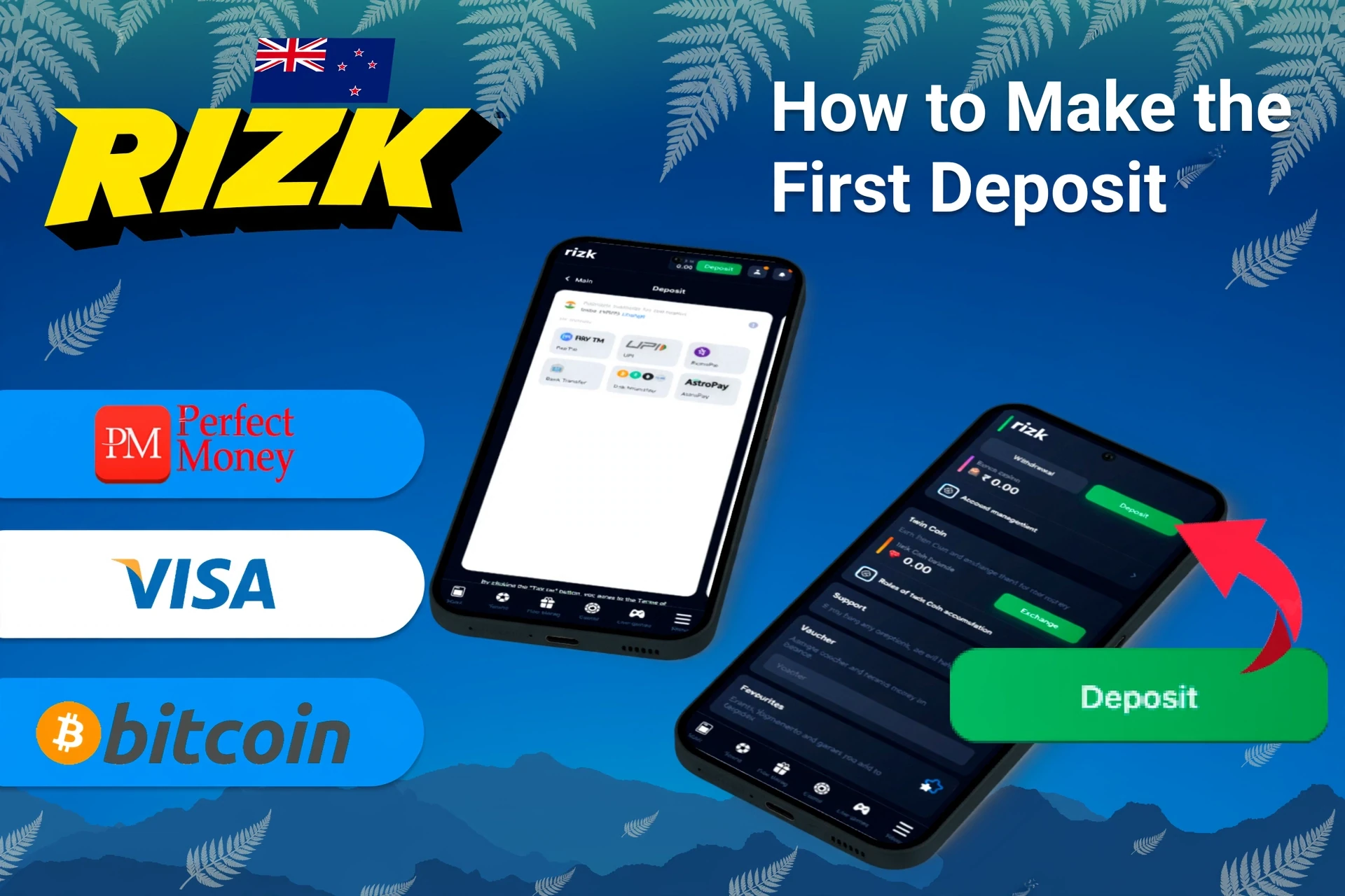 mobile app with deposit options including Perfect Money, Visa, and Bitcoin, along with deposit button