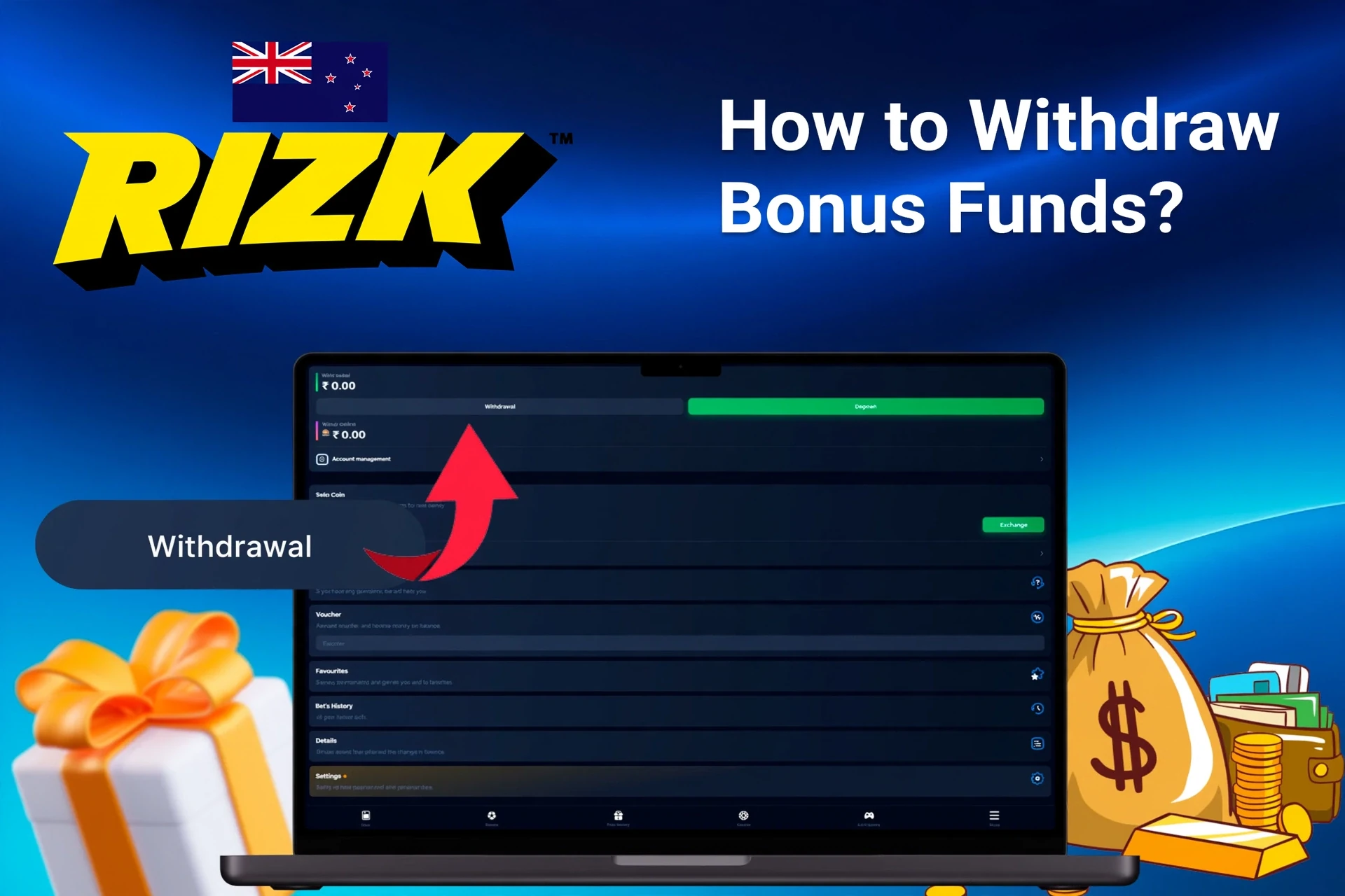 Laptop screen showing Rizk withdrawal options with money bags and gift boxes in the background