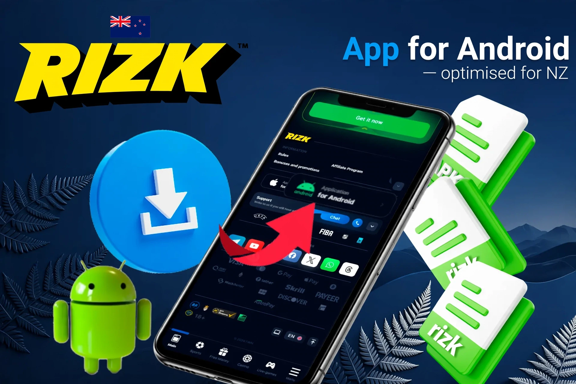 App for Android download process with APK file icons and Android mascot