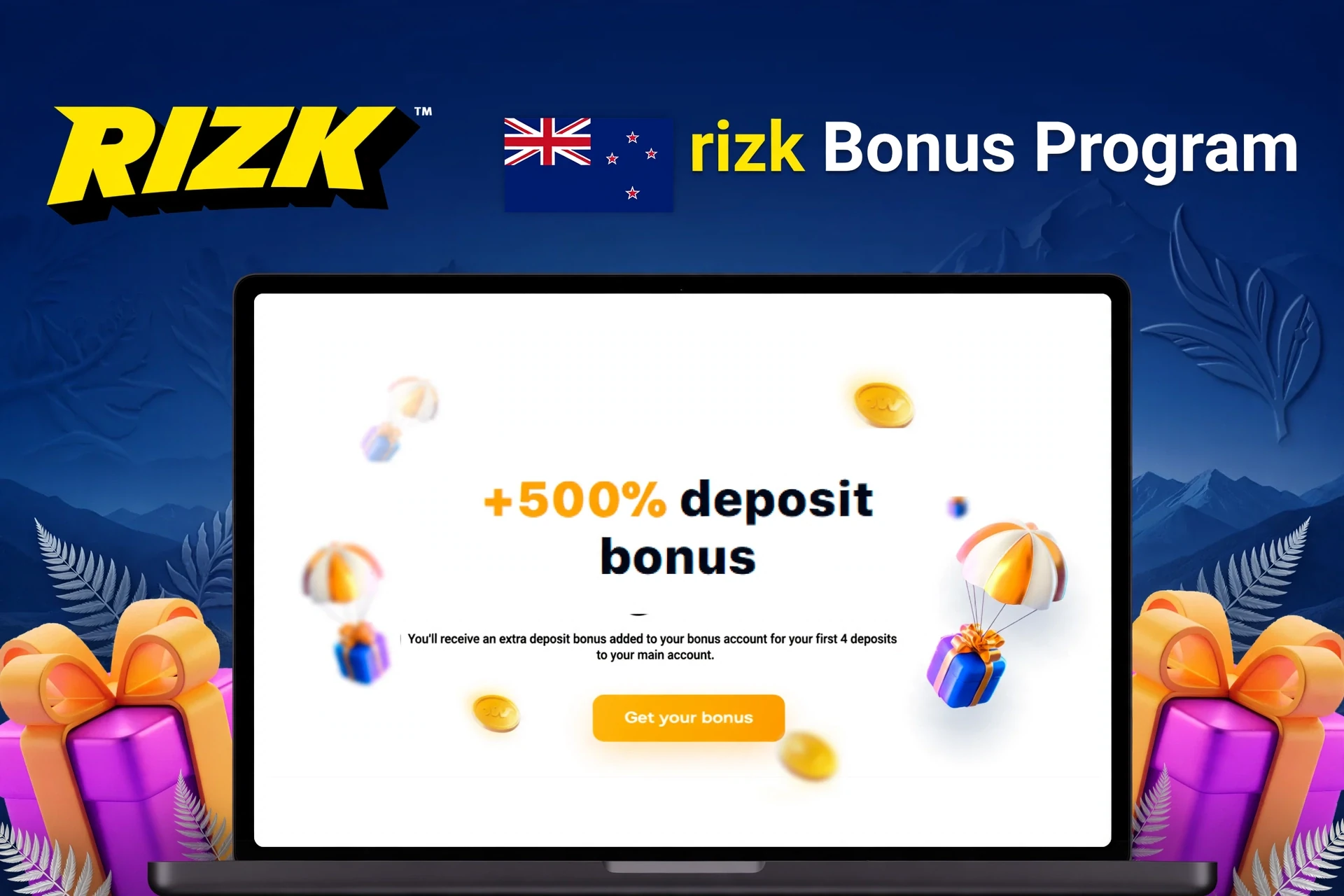 Laptop showing bonus offer of +500% deposit bonus with floating coins and gifts