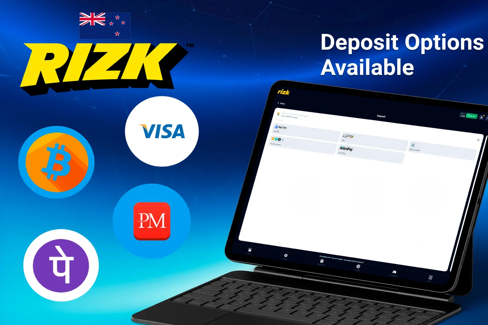 Deposit options available on Rizk platform, including Bitcoin, Visa, Apple Pay, and Neteller, displayed on a tablet