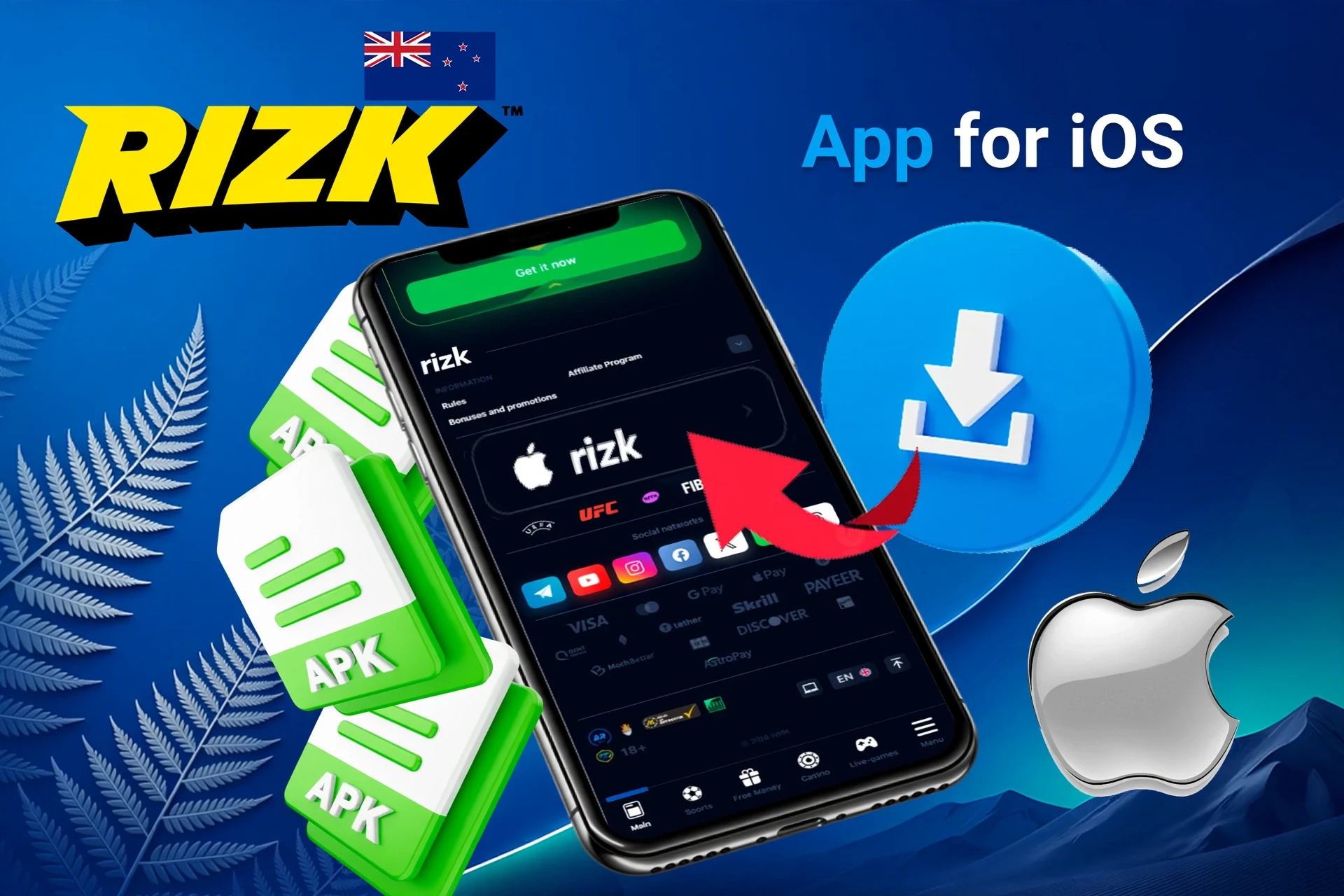 iOS app download screen with APK file icons and Apple logo
