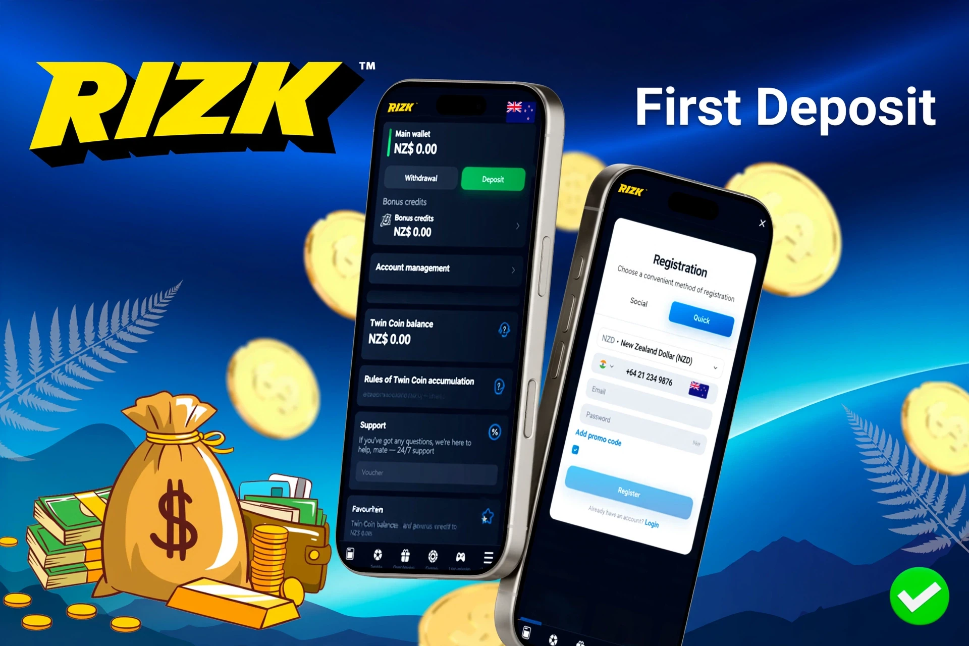 mobile interface showing steps to make the first deposit, with icons for payment options and bonus registration at Rizk casino