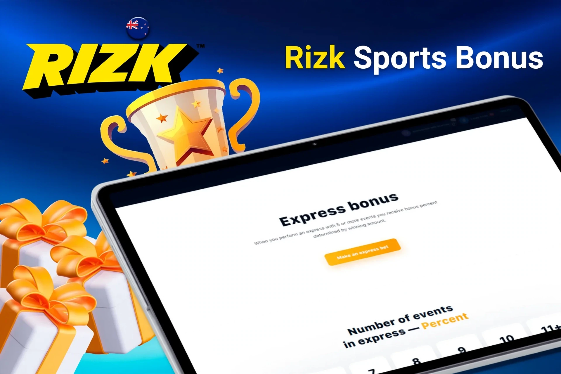 Tablet screen with express bonus offer for sports betting from Rizk, with trophy and gift boxes.