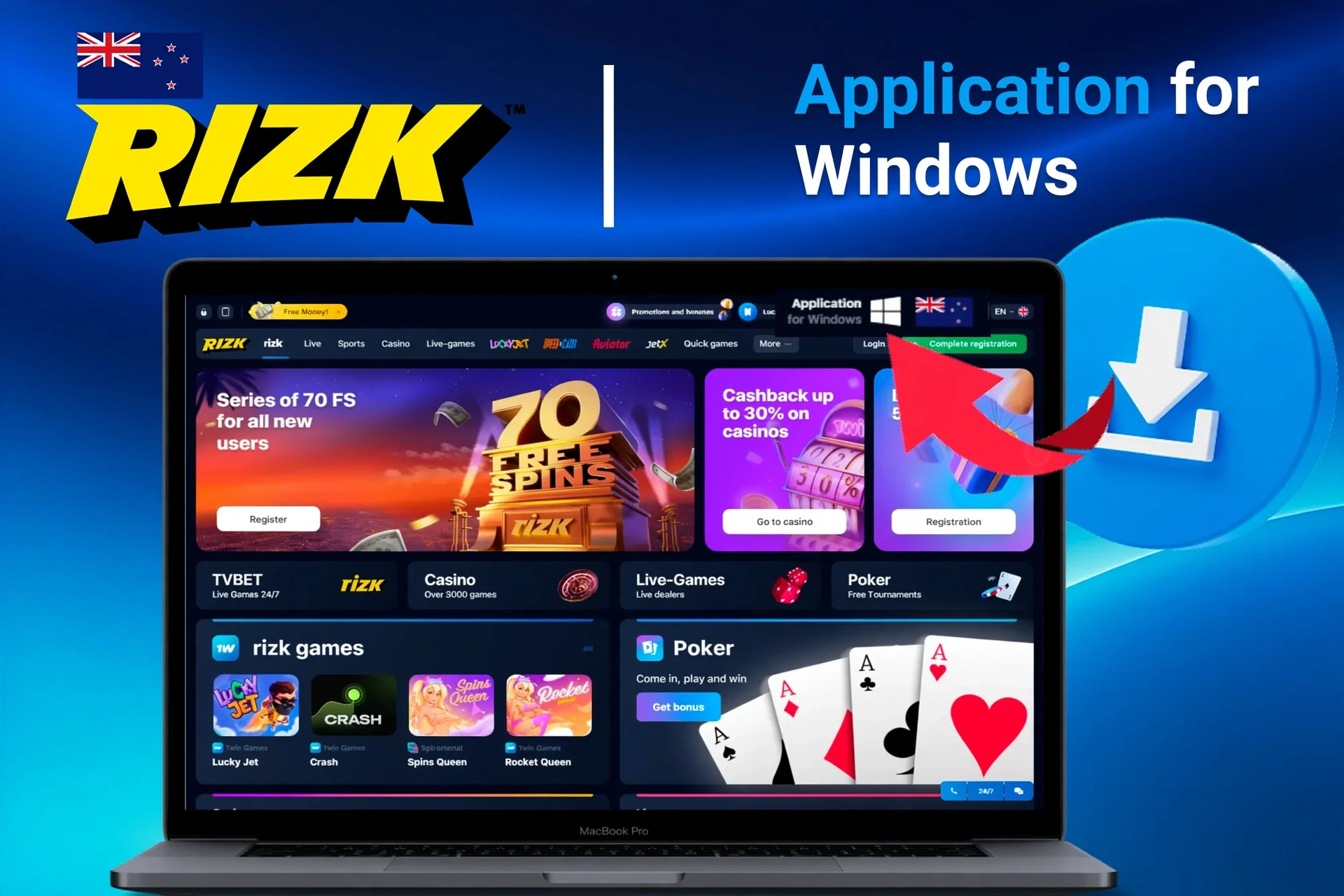 Application for Windows with download instructions and 70 free spins promotion