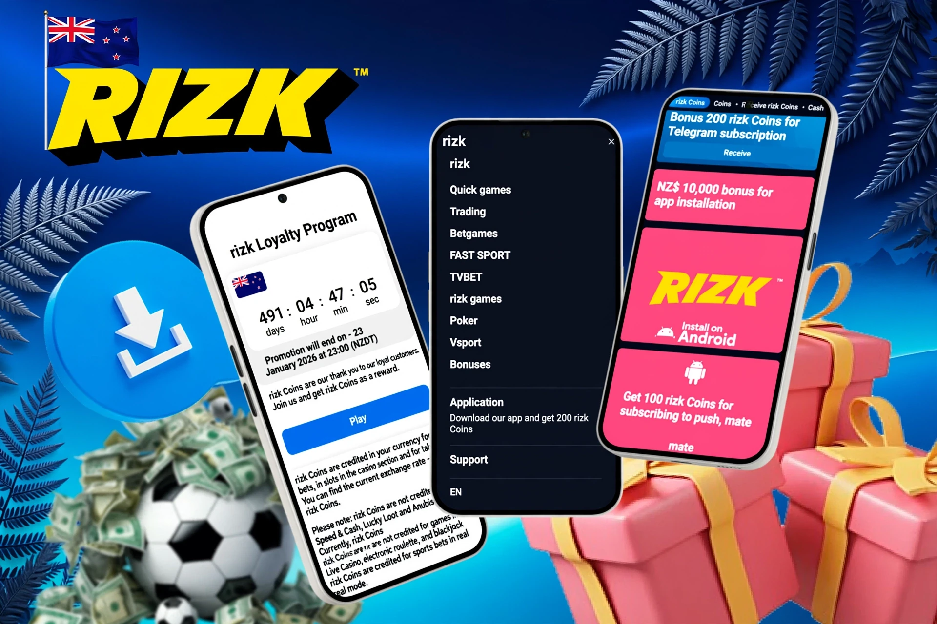 Mobile screens showing loyalty program, app installation bonus, and football icon with download button