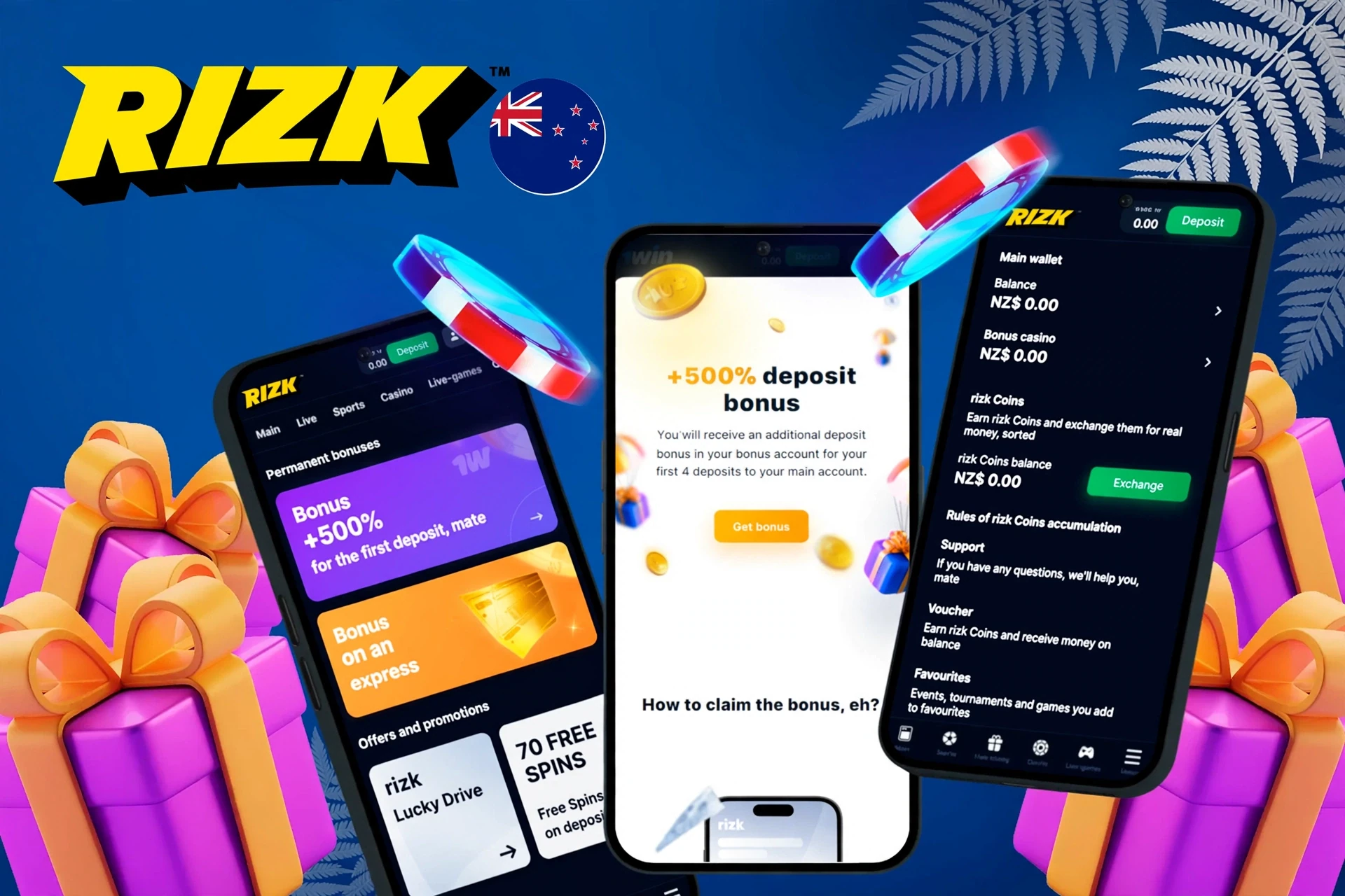app showing instructions to claim Rizk welcome bonus on mobile with colorful gaming elements