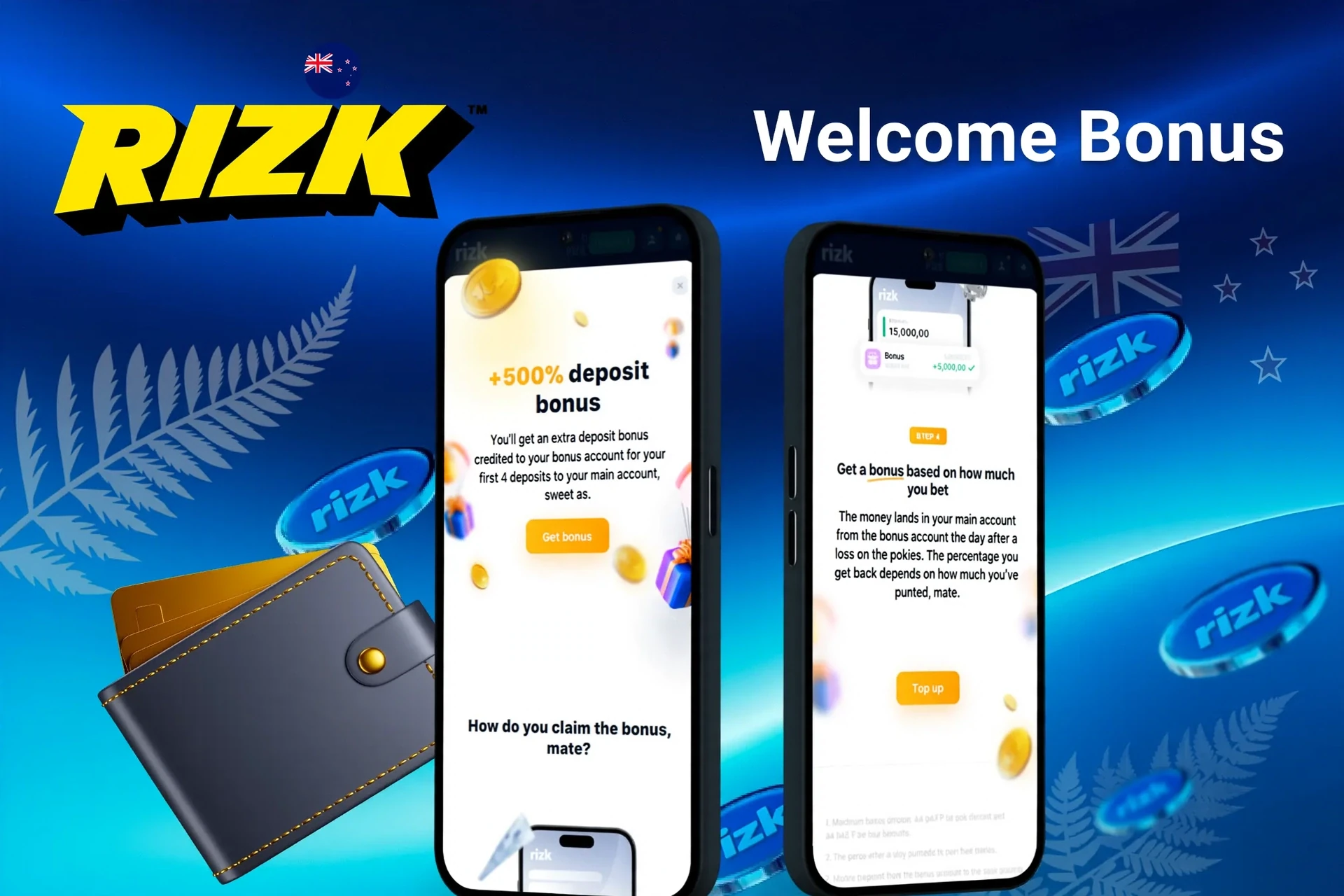 Rizk welcome bonus screen with 100% deposit bonus up to NZ$1,200, 200 free spins and a Wheel of Rizk free spin shown on two mobile screens