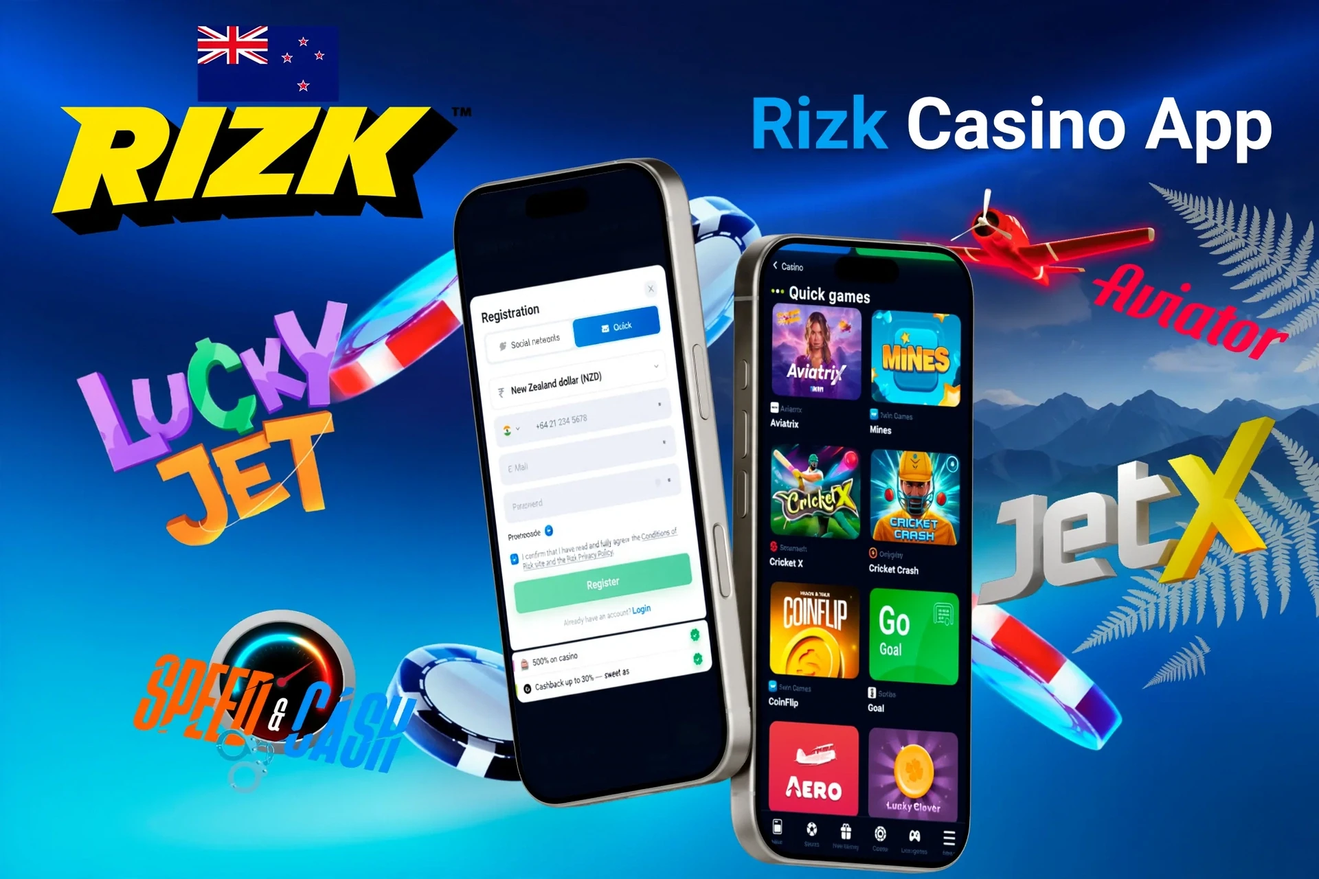 1Win Casino app registration screen with quick games like Aviatrix and JetX