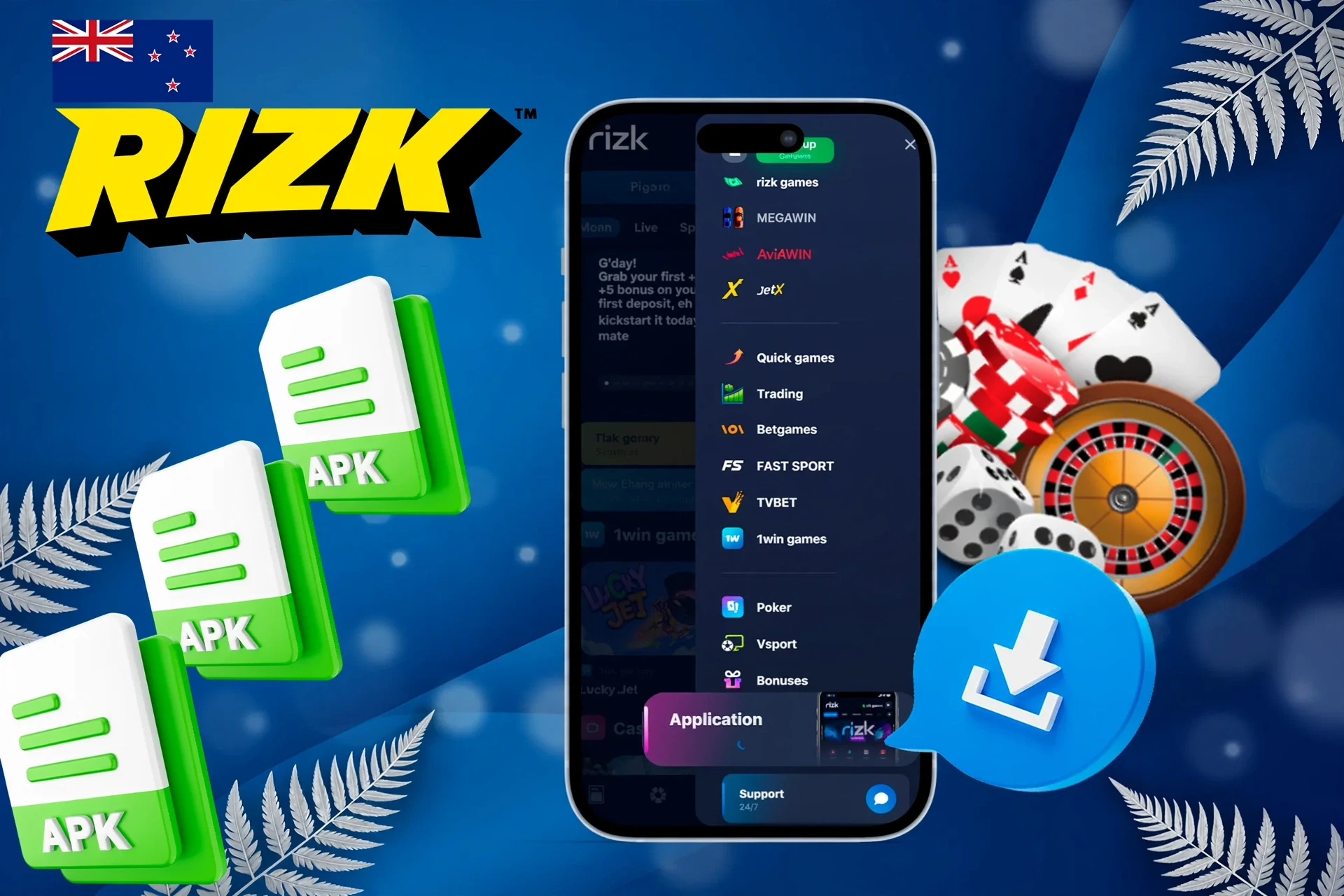 Rizk mobile interface with APK file icons and casino chips illustrating mobile access to Rizk games