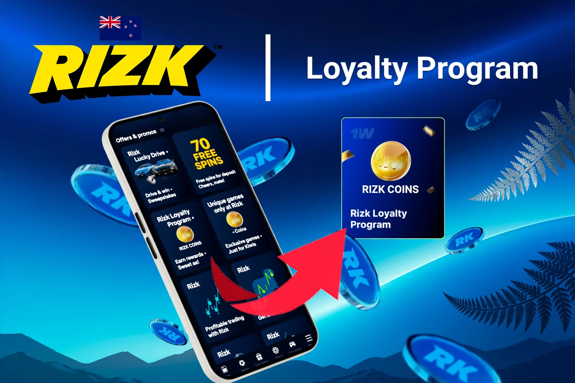 Mobile app showing Rizk loyalty program and offers like free spins and Lucky Drive.