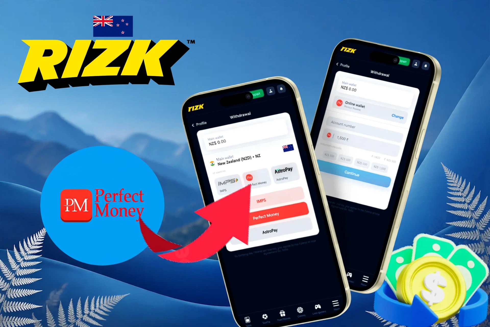withdrawal options, featuring Perfect Money, Neosurf, and other wallet services, shown on a mobile interface