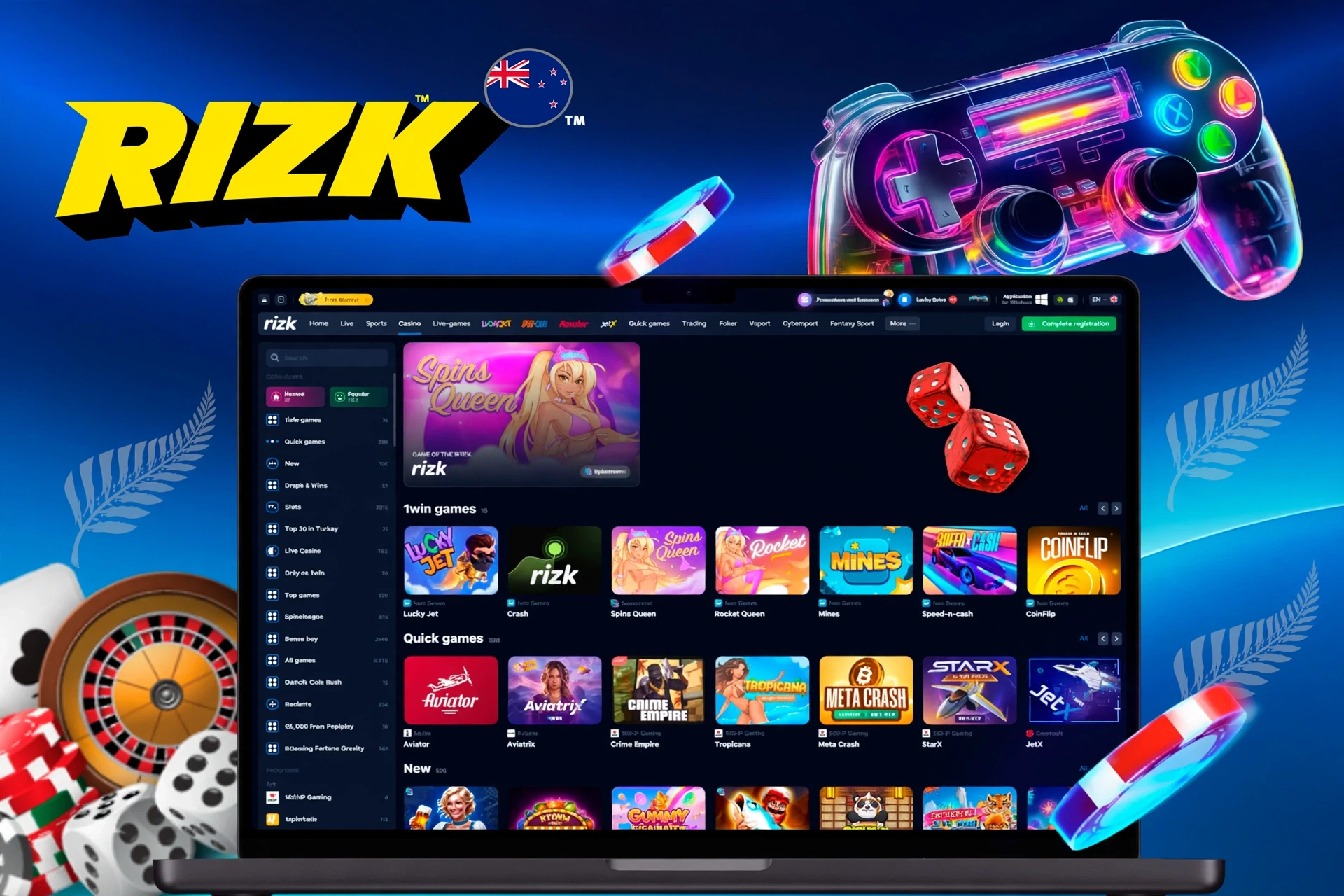 app interface showing a variety of games like Spins Queen, Crash, and Rocket Queen with a vibrant game controller icon
