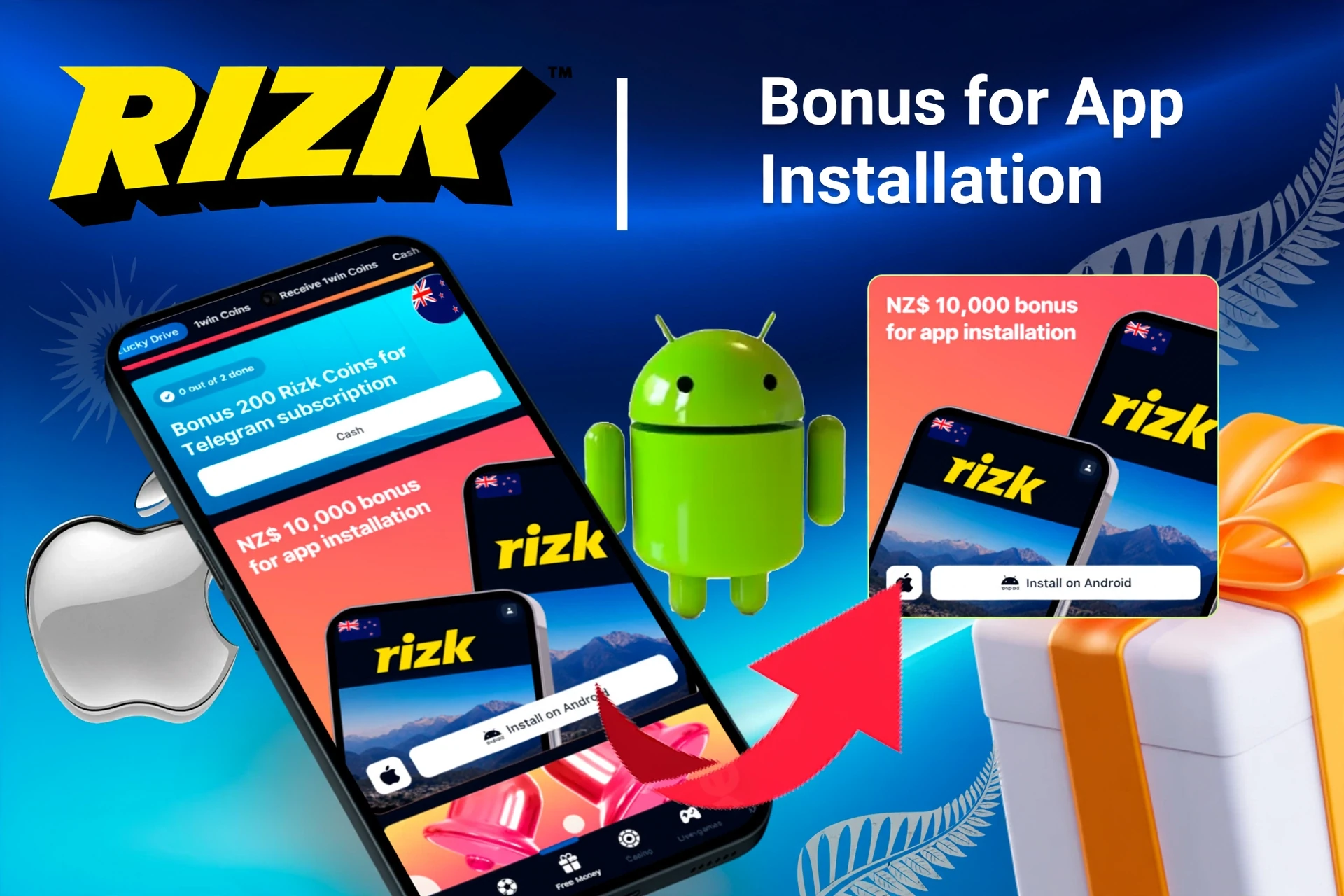 Rizk bonus offer for app installation on mobile with Android and Apple logos, and gift boxes