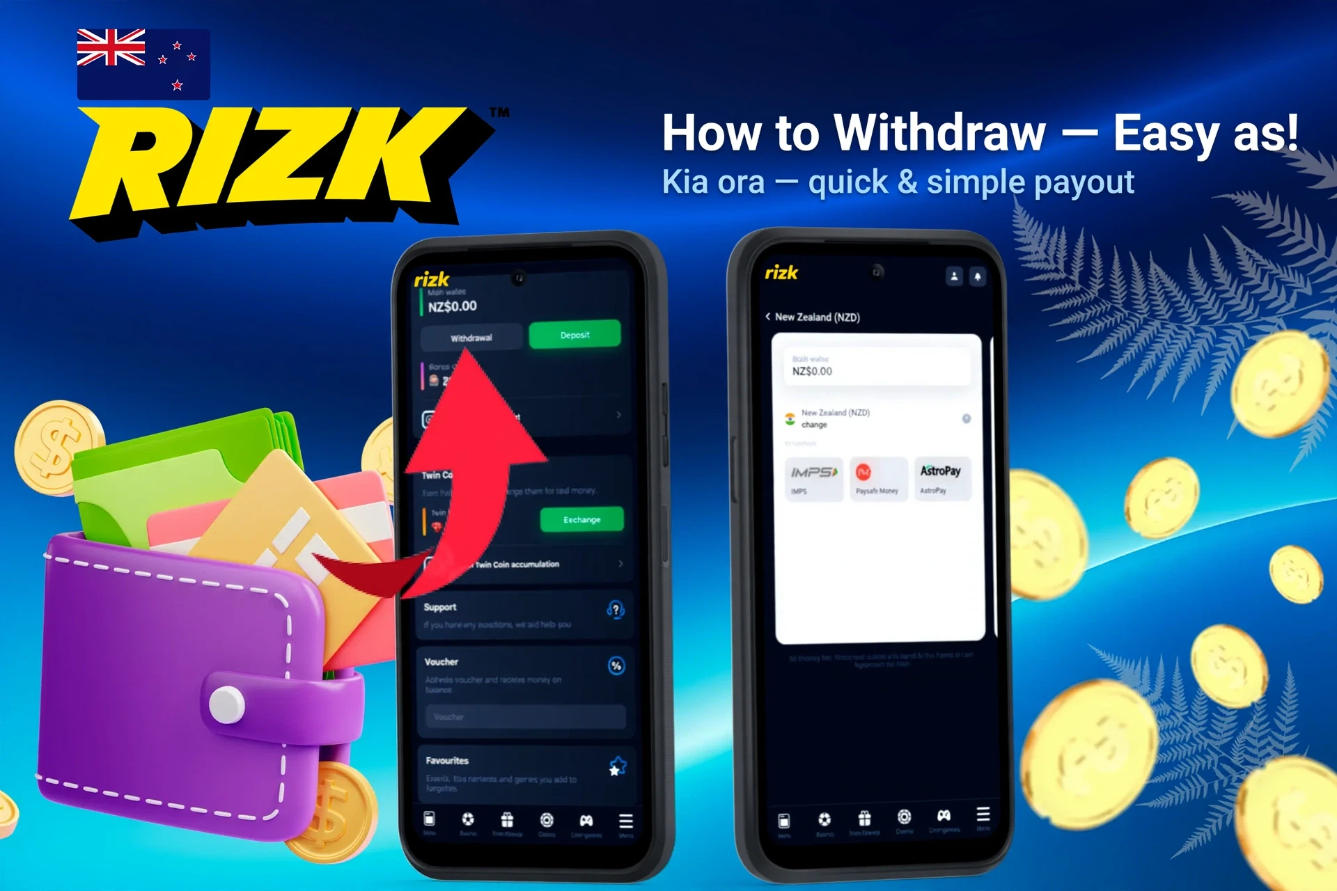 mobile interface showing withdrawal process with an arrow pointing to withdrawal options and available wallet balance on Rizk