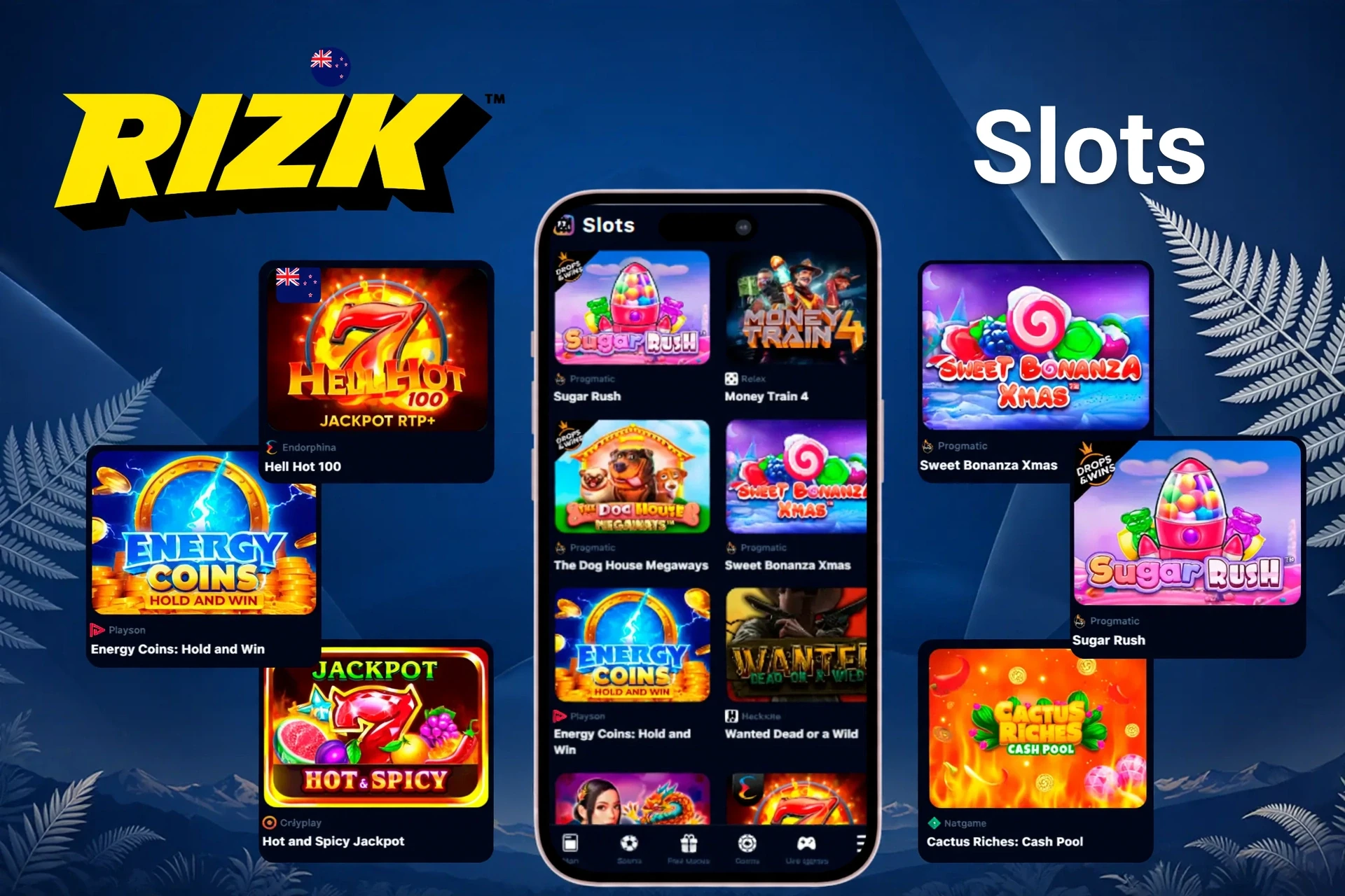 Slot titles such as Sugar Rush, Energy Coins, and Hell Hot 100 showcased on mobile and desktop