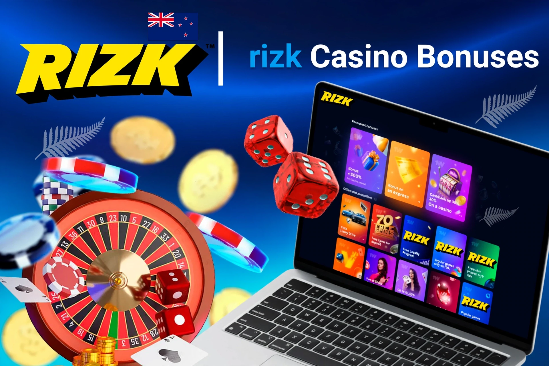 Laptop screen showing various Rizk casino bonuses with roulette, dice, and poker chips