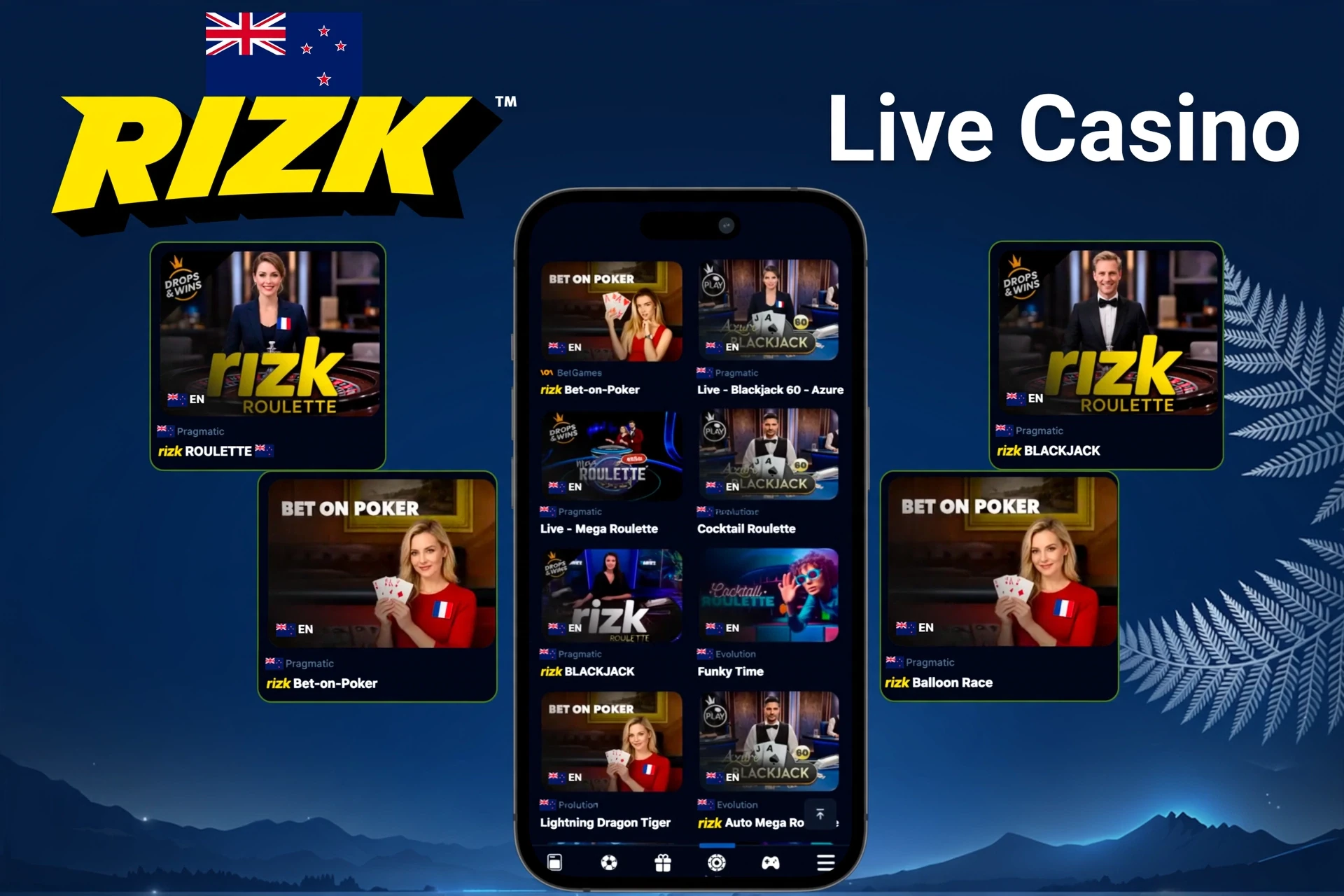 Live casino games available with real dealers, shown on mobile and desktop