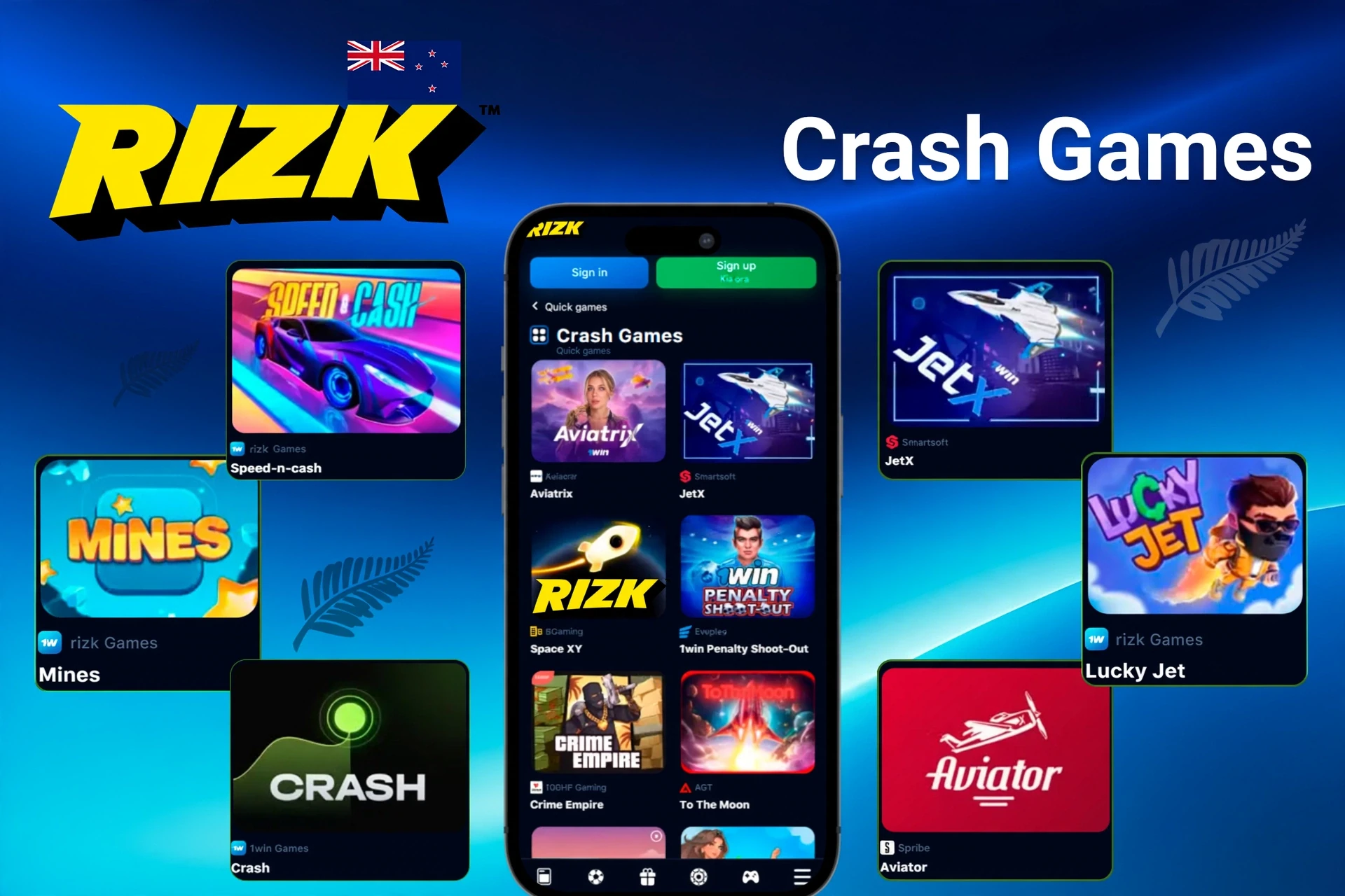 Crash titles like Mines, Speed-n-Cash, JetX, and Lucky Jet shown on a mobile display