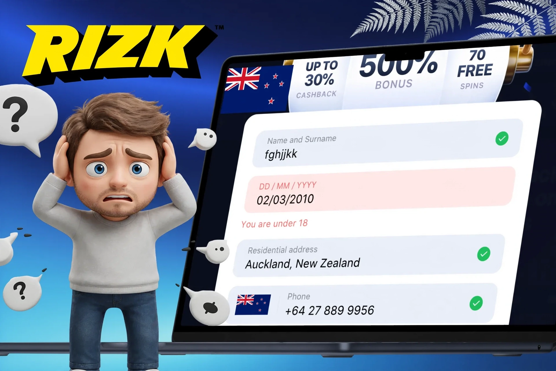 Description of possible difficulties when registering on Rizk